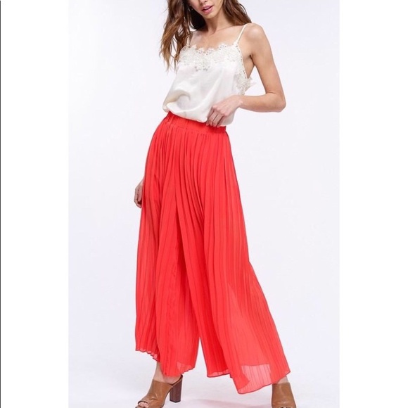 Orange Chiffon Pleated Wide Leg Pants - Picture 5 of 6